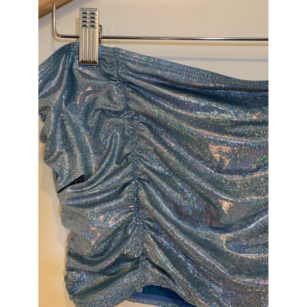 Mermaid Blue Holographic Ruched Tube Top Small‎ Metallic Festival Rave Womens - Picture 3 of 6